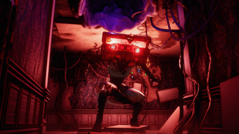 Don't Fret screenshot – Tapehead, a cassette-headed monster, in the red-lit halls of Harmonic Heights