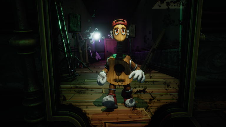 Don't Fret screenshot – Fret, a living guitar, holding a flashlight in the dark